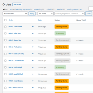WooCommerce orders pending quote and payment